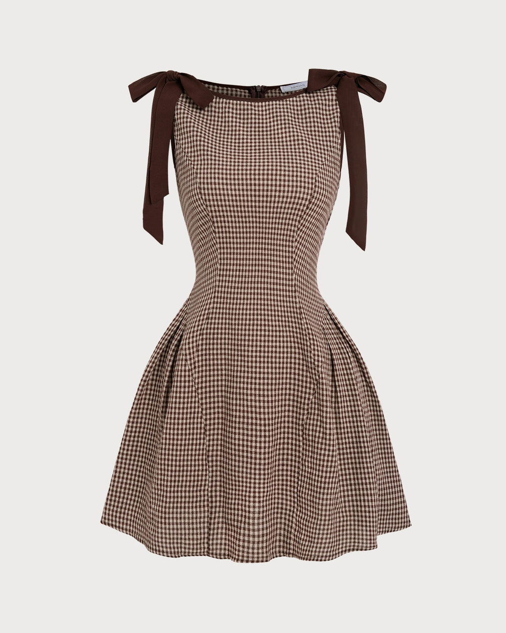 Kahverengi Gingham Askılı Mini Elbise
