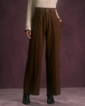 Kahve Düğmeli Eğimli Cepli Düz Pantolon