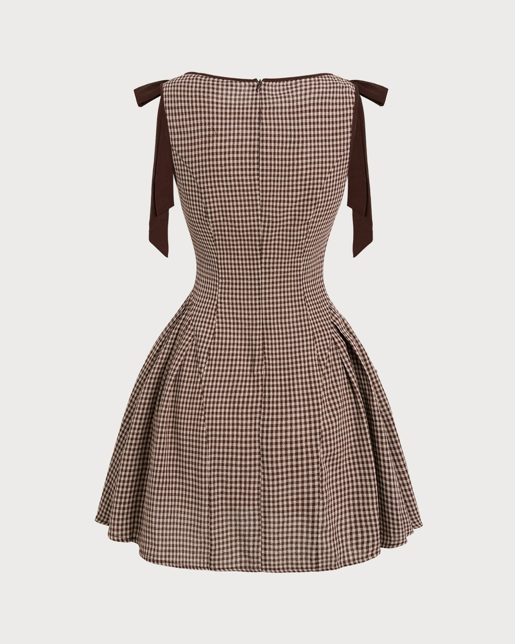 Kahverengi Gingham Askılı Mini Elbise