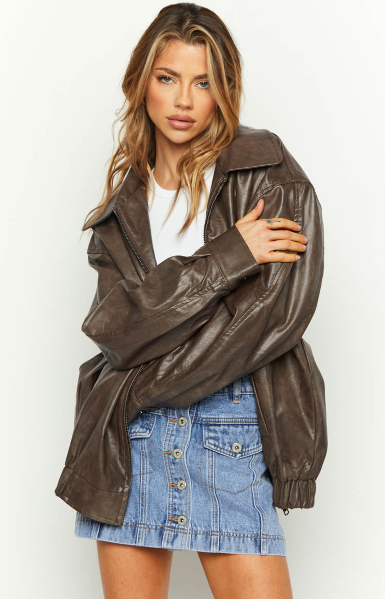 Abbi PU Vintage Kahverengi Bomber Ceket