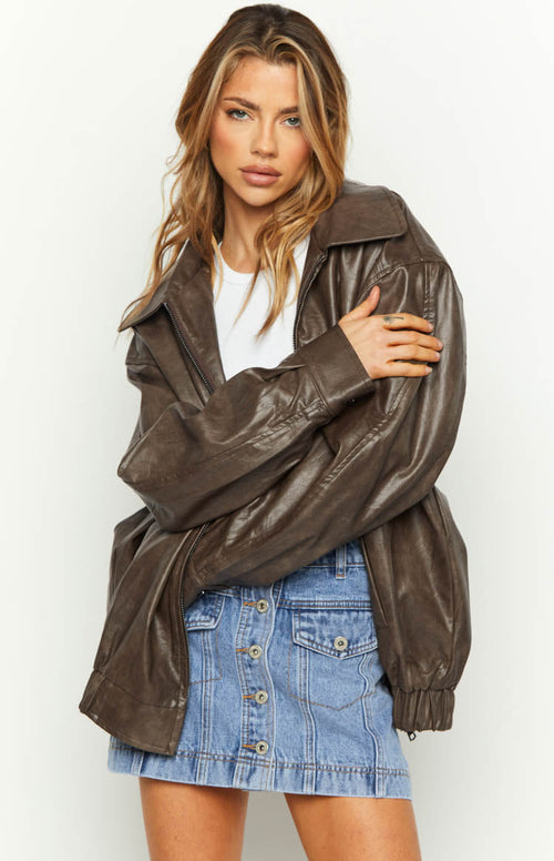 Abbi PU Vintage Kahverengi Bomber Ceket