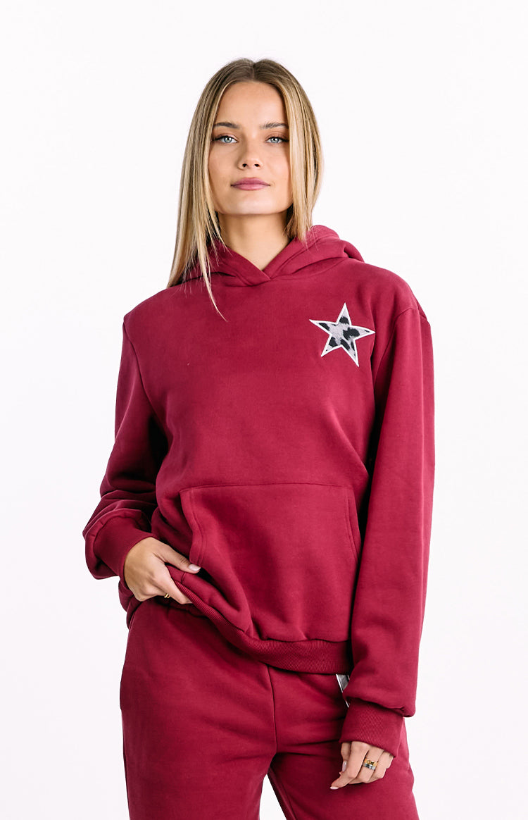 Bordeaux Leopar Yıldız Kapüşonlu Sweatshirt