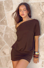 Bisou Kahverengi Off Shoulder Mini Elbise