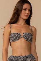Şık Siyah Beyaz Mikro Gingham Taşlı Bikini Üstü