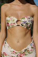 Çiçek Desenli Bağcıklı Bandeau Bikini Üstü
