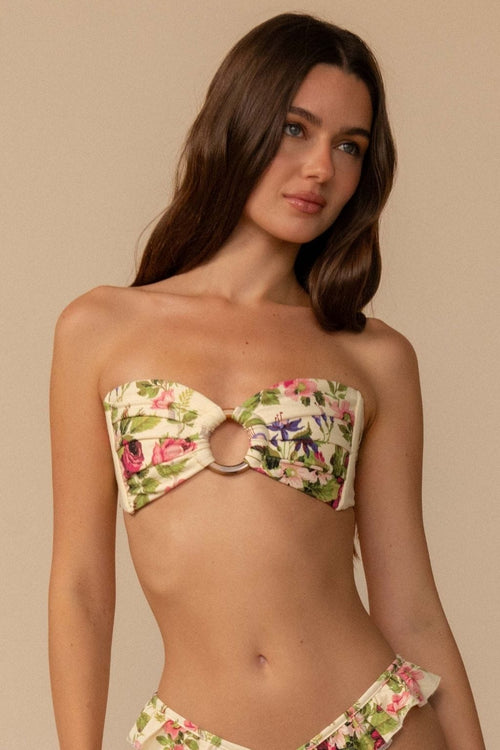 Çiçek Desenli Bağcıklı Bandeau Bikini Üstü