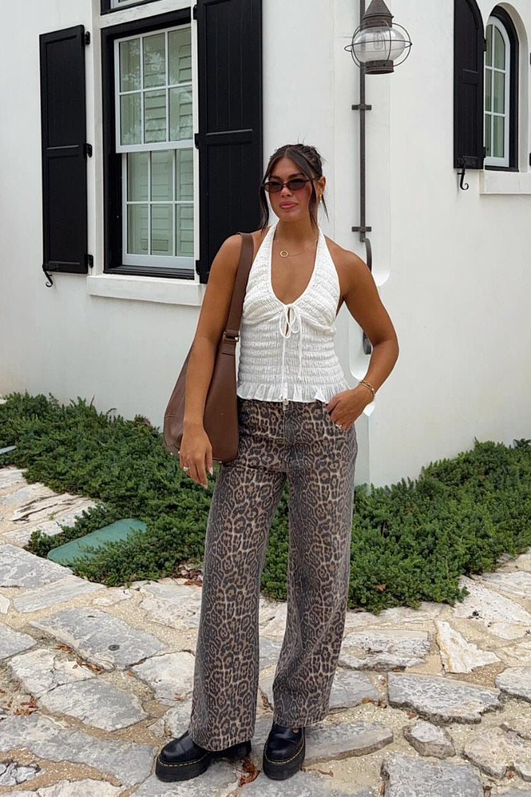 Brunet Leopar Desenli Düz Paça Kot Pantolon