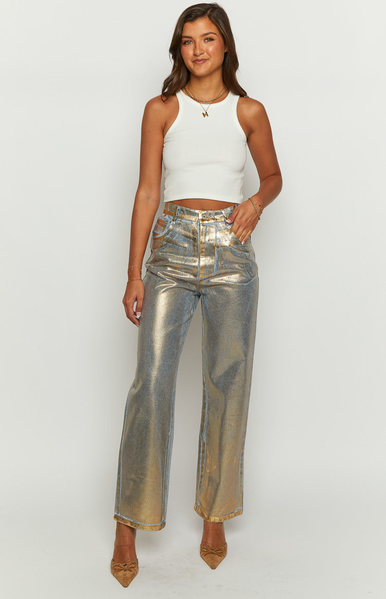 Chrome Cascade Altın Metalik Kot Pantolon