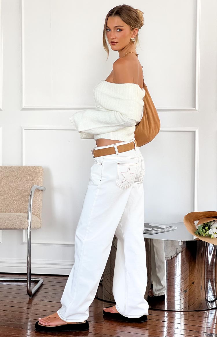 Clara Star Beyaz Denim Düşük Bel Kot Pantolon