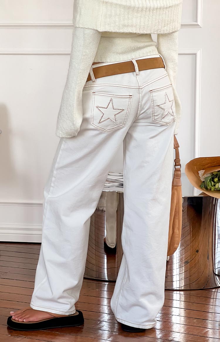 Clara Star Beyaz Denim Düşük Bel Kot Pantolon