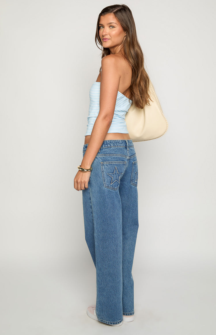 Clara Yıldız Orta Yıkama Denim Düşük Bel Jean