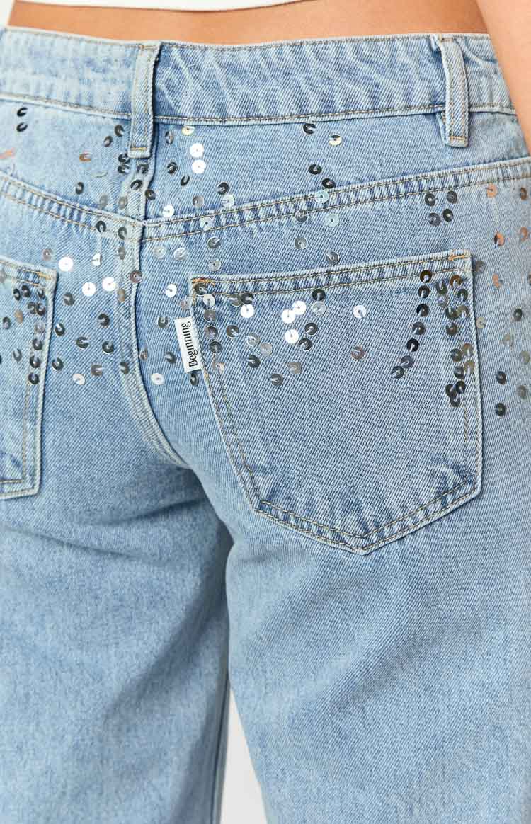 Clara Pullu Açık Mavi Denim Düşük Bel Jean