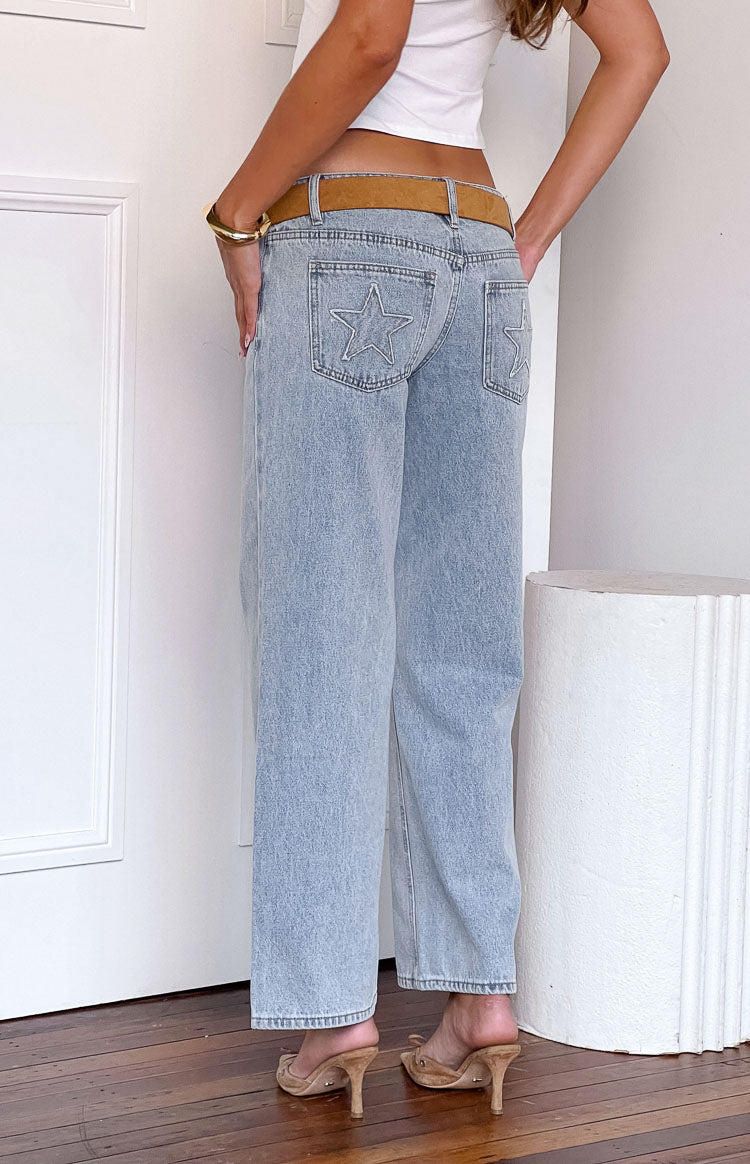Clara Yıldız Açık Mavi Denim Düşük Bel Jean