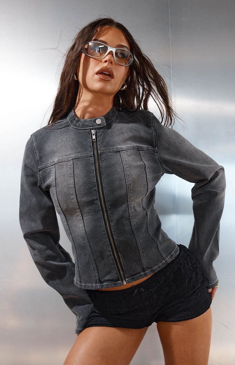 Corey Siyah Yıkanmış Denim Motosiklet Ceketi