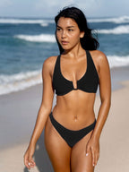 Şık Siyah U-Halkalı Çapraz Sırt Bikini Üstü