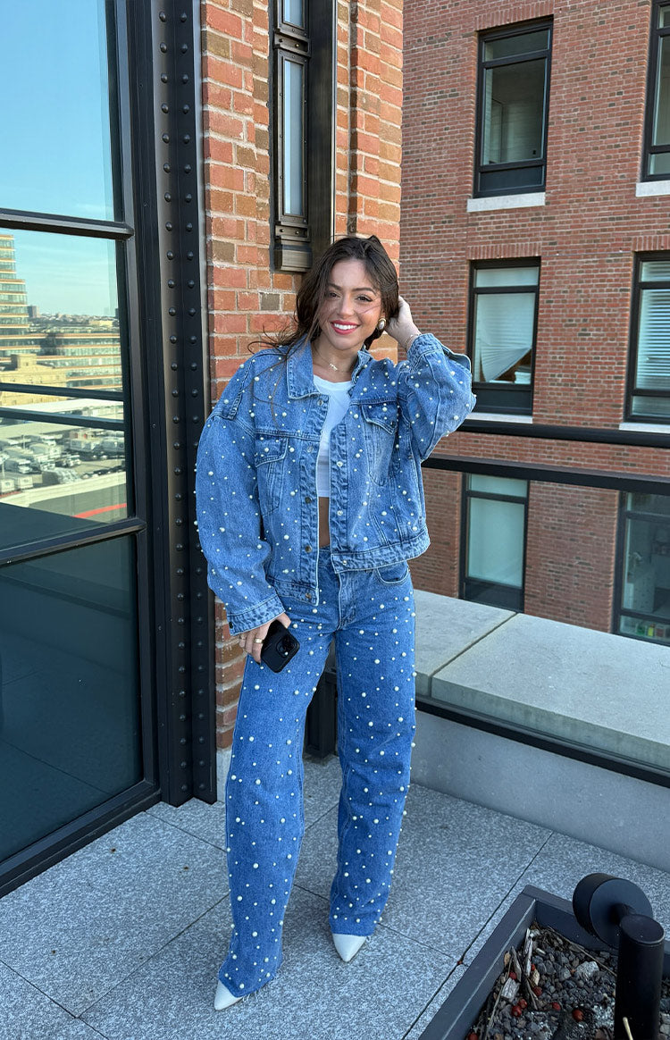 Denim Dazzle İnci Orta Yıkama Kot Ceket