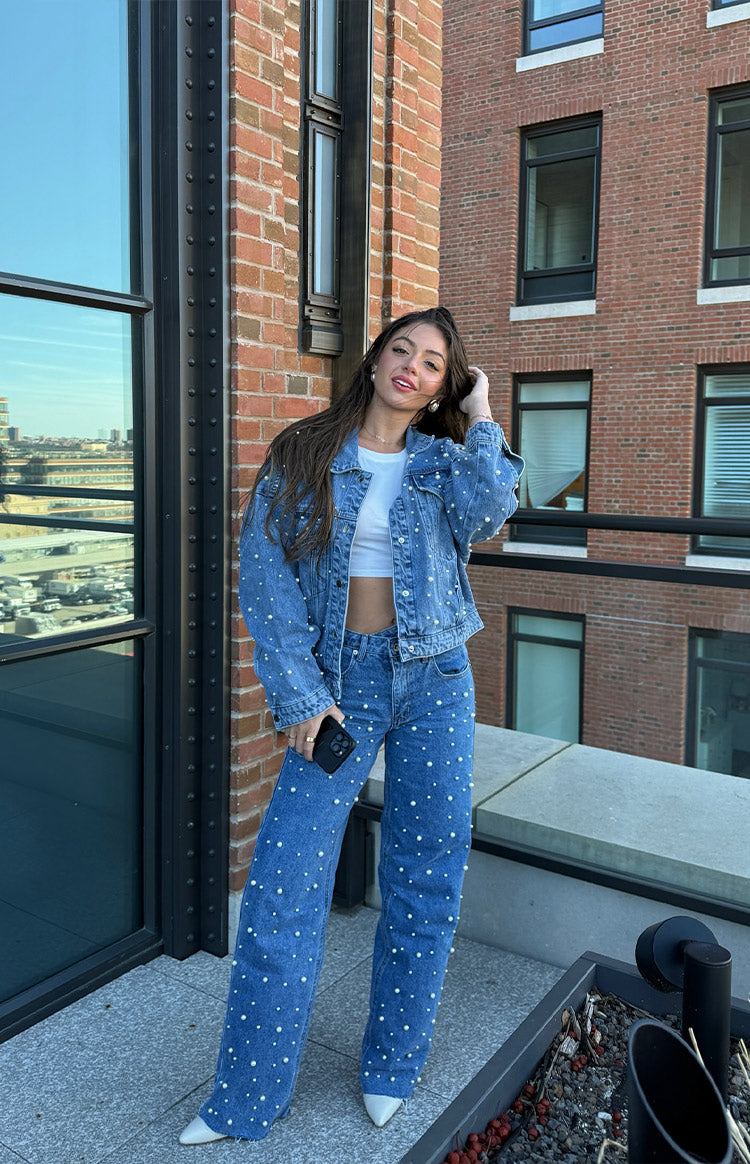 Denim Dazzle İnci Orta Yıkama Yüksek Bel Kot Pantolon
