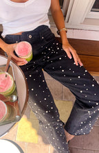 Denim Dazzle İnci Siyah Yüksek Bel Kot Pantolon