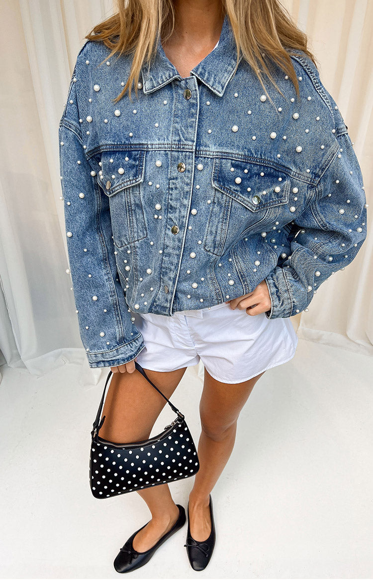 Denim Dazzle İnci Orta Yıkama Kot Ceket