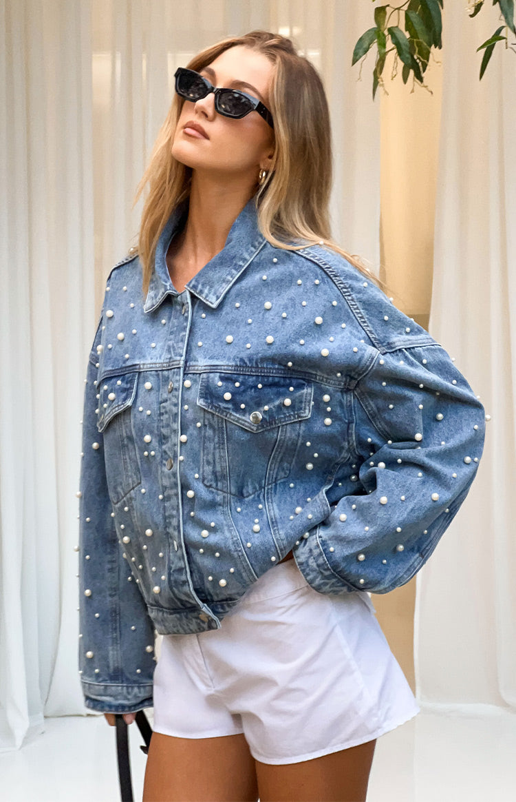 Denim Dazzle İnci Orta Yıkama Kot Ceket