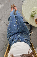 Denim Dazzle İnci Orta Yıkama Yüksek Bel Kot Pantolon