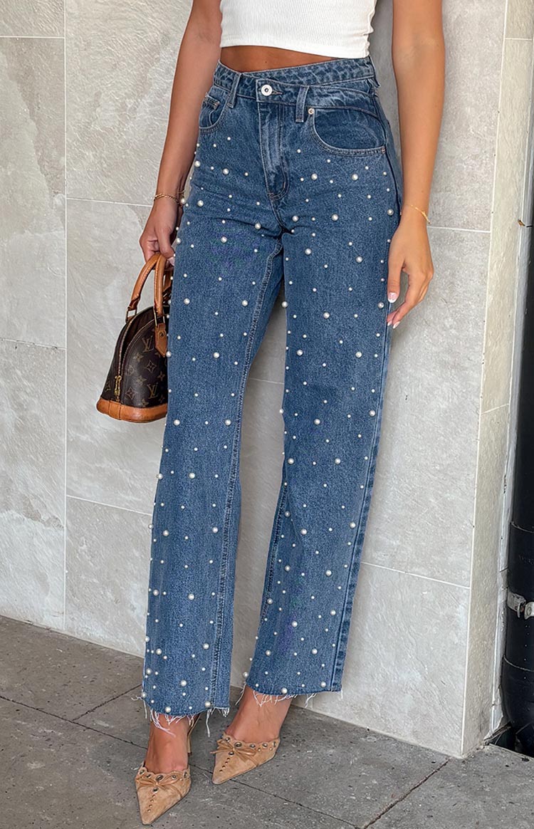 Denim Dazzle İnci Orta Yıkama Yüksek Bel Kot Pantolon