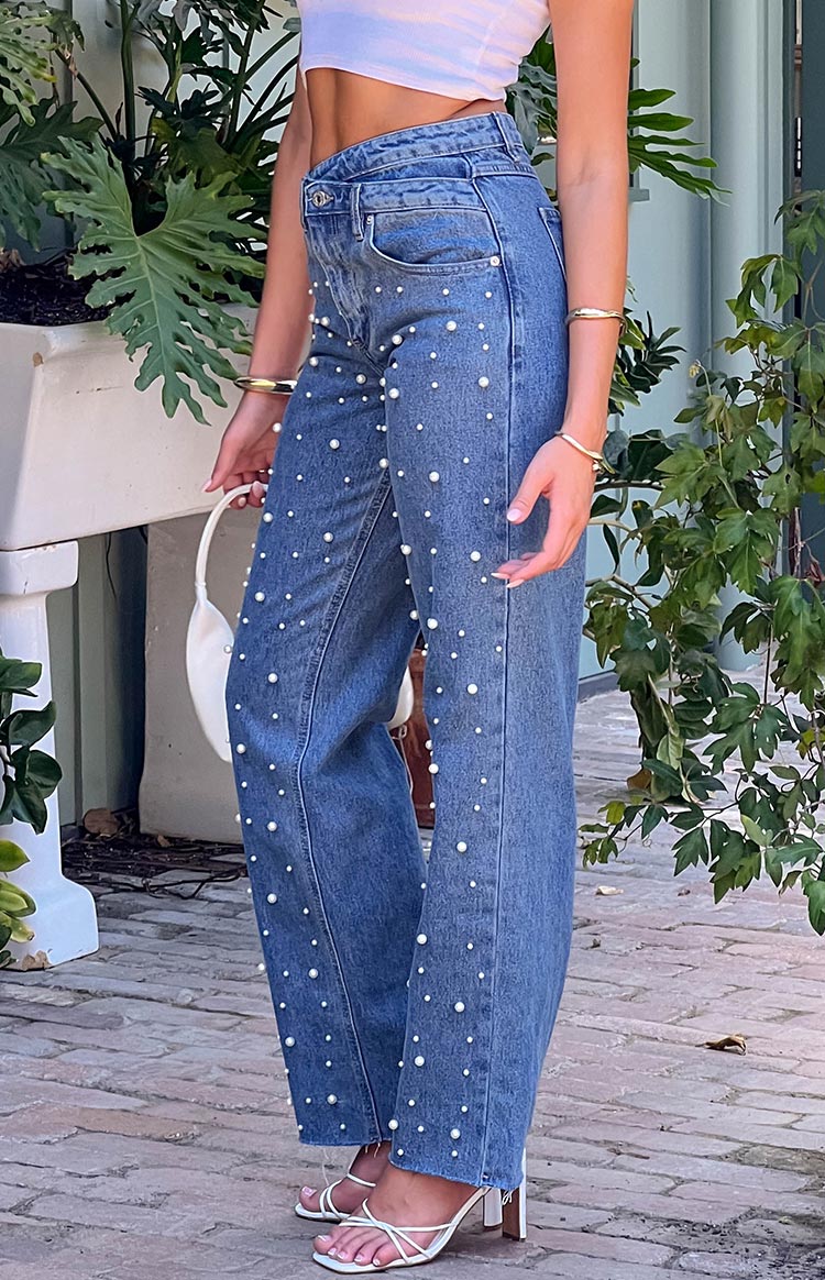 Denim Dazzle İnci Orta Yıkama Yüksek Bel Kot Pantolon