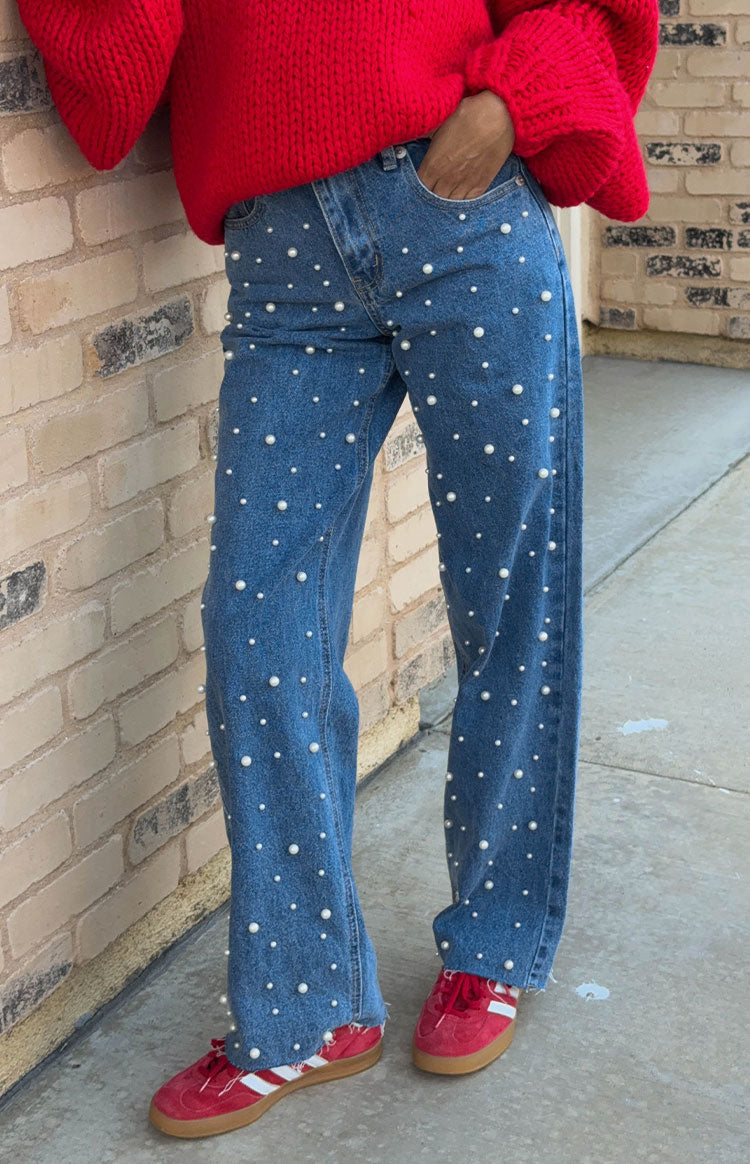 Denim Dazzle İnci Orta Yıkama Yüksek Bel Kot Pantolon