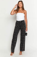 Denim Dazzle İnci Siyah Yüksek Bel Kot Pantolon