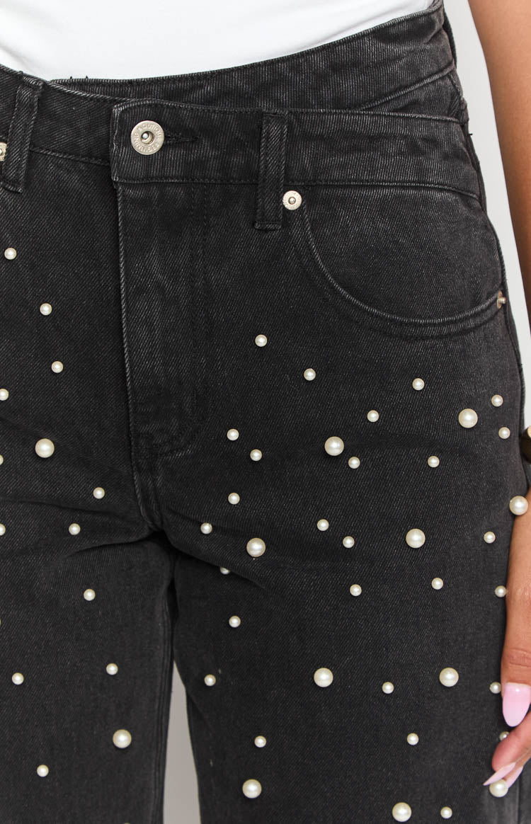 Denim Dazzle İnci Siyah Yüksek Bel Kot Pantolon
