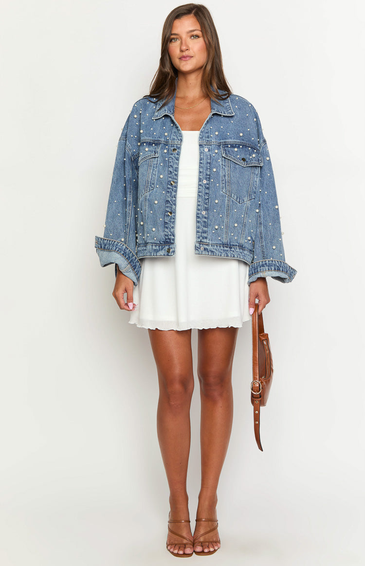 Denim Dazzle İnci Orta Yıkama Kot Ceket