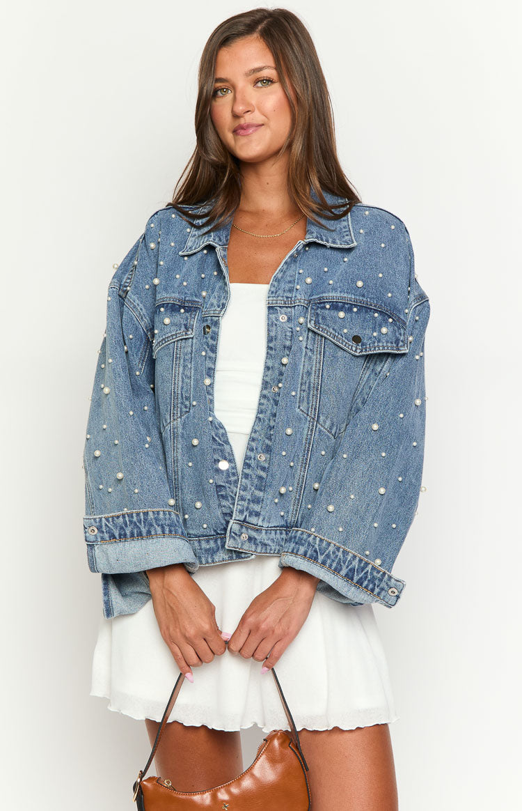 Denim Dazzle İnci Orta Yıkama Kot Ceket