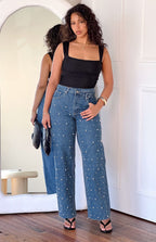 Denim Dazzle İnci Orta Yıkama Yüksek Bel Kot Pantolon