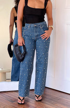 Denim Dazzle İnci Orta Yıkama Yüksek Bel Kot Pantolon
