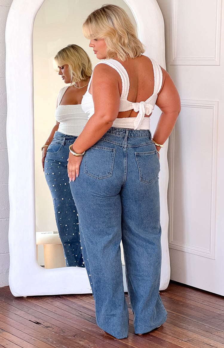 Denim Dazzle İnci Orta Yıkama Yüksek Bel Kot Pantolon