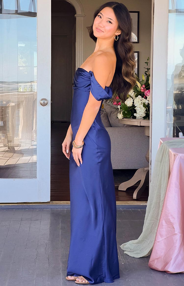Ella Lacivert Off Shoulder Resmi Maxi Elbise