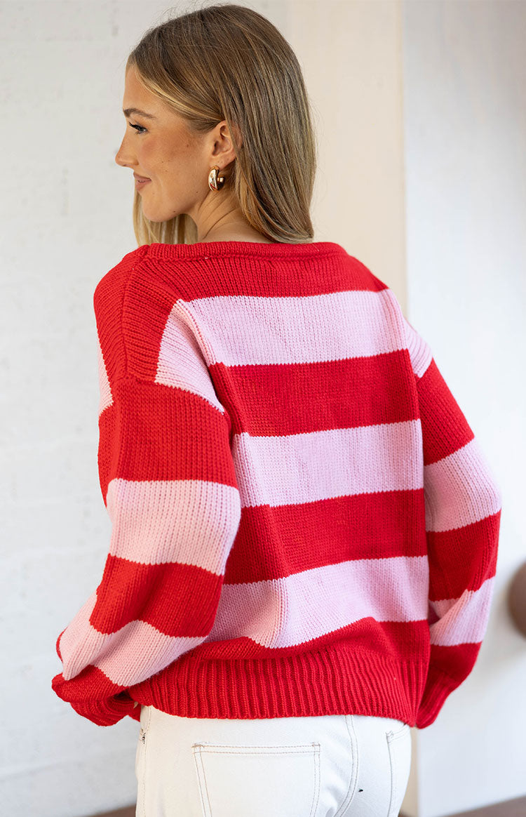 Finley Kırmızı ve Pembe Çizgili Off Shoulder Triko Kazak