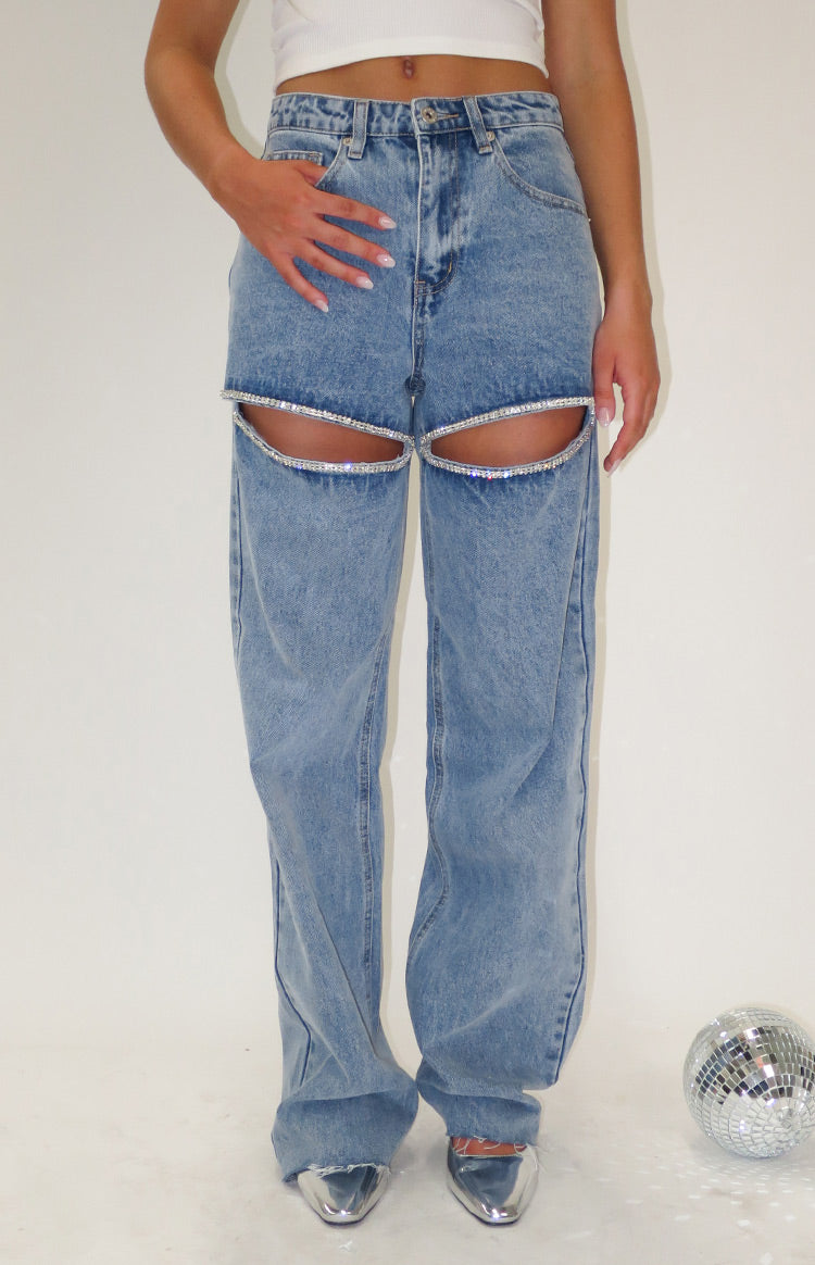 Gem Diamante Trim Geniş Paça Kot Pantolon