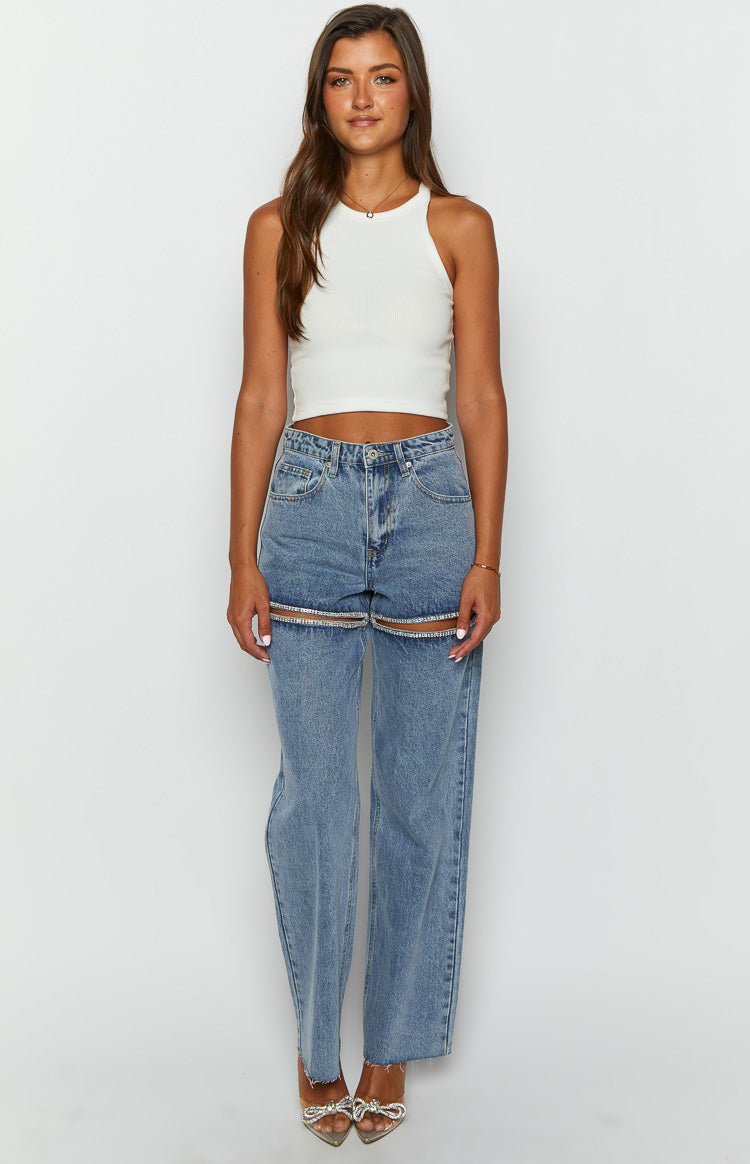 Gem Diamante Trim Geniş Paça Kot Pantolon