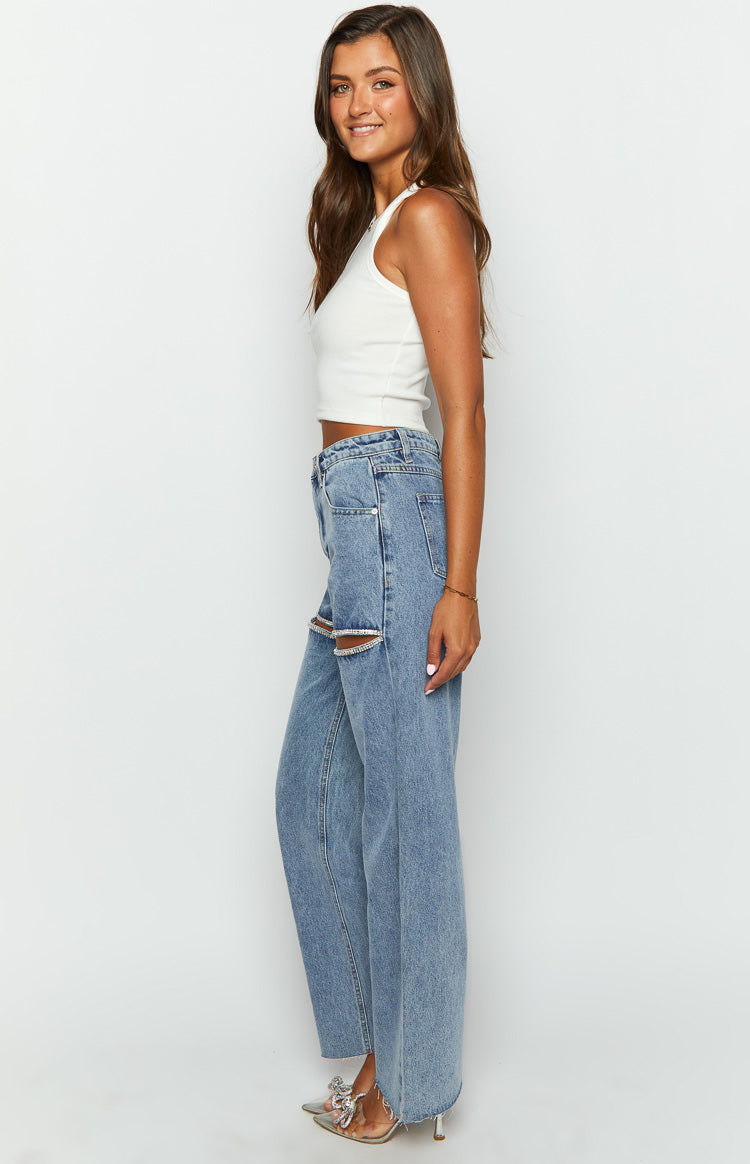 Gem Diamante Trim Geniş Paça Kot Pantolon