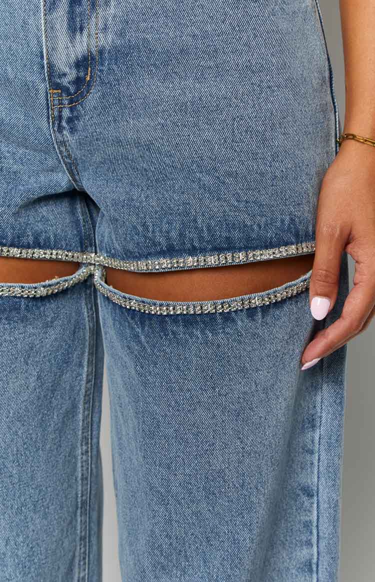 Gem Diamante Trim Geniş Paça Kot Pantolon