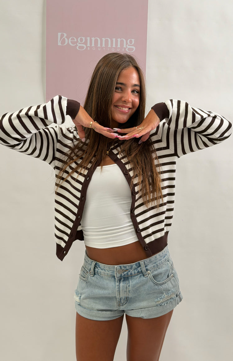 Lottie Çikolata Çizgili Yuvarlak Yaka Hırka