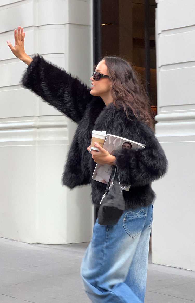It Girl Siyah Sahte Kürk Ceket