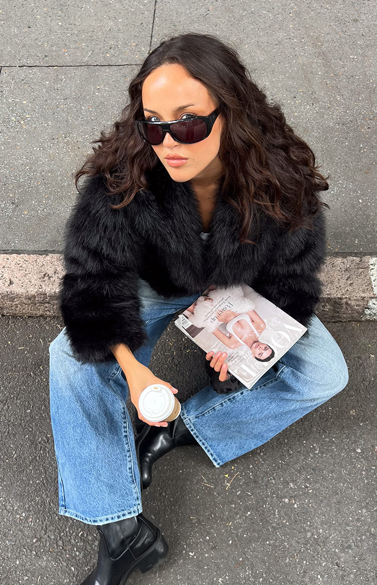 It Girl Siyah Sahte Kürk Ceket