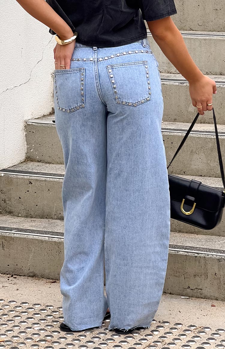 Jannina Açık Yıkama Denim Taşlı Düşük Bel Kot Pantolon