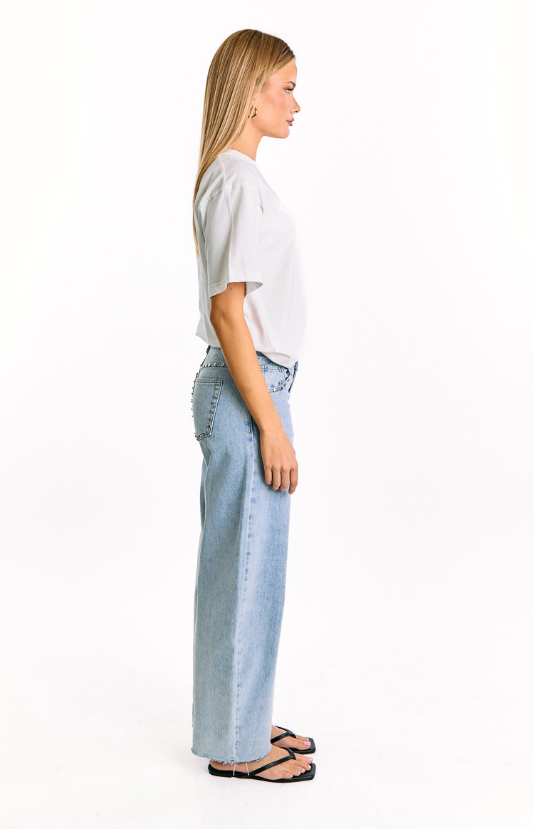 Jannina Açık Yıkama Denim Taşlı Düşük Bel Kot Pantolon