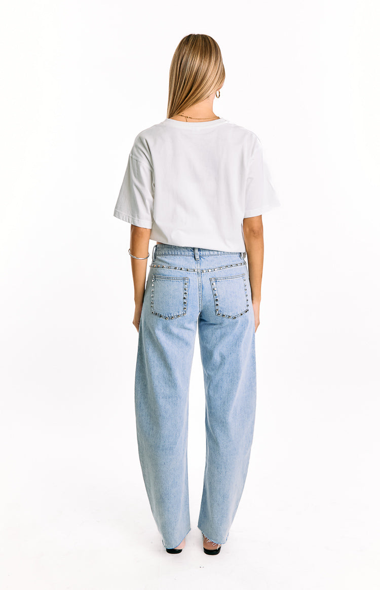 Jannina Açık Yıkama Denim Taşlı Düşük Bel Kot Pantolon