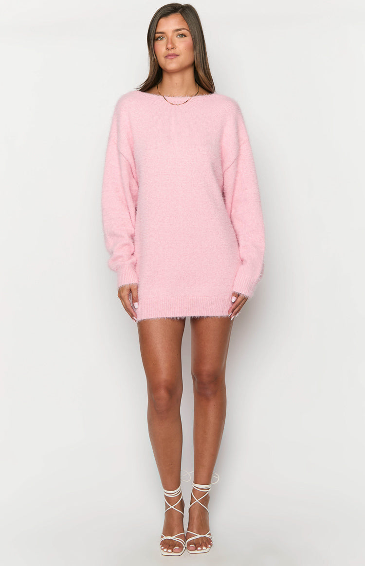 Küçük Pembe Uzun Kollu Örgü Mini Elbise