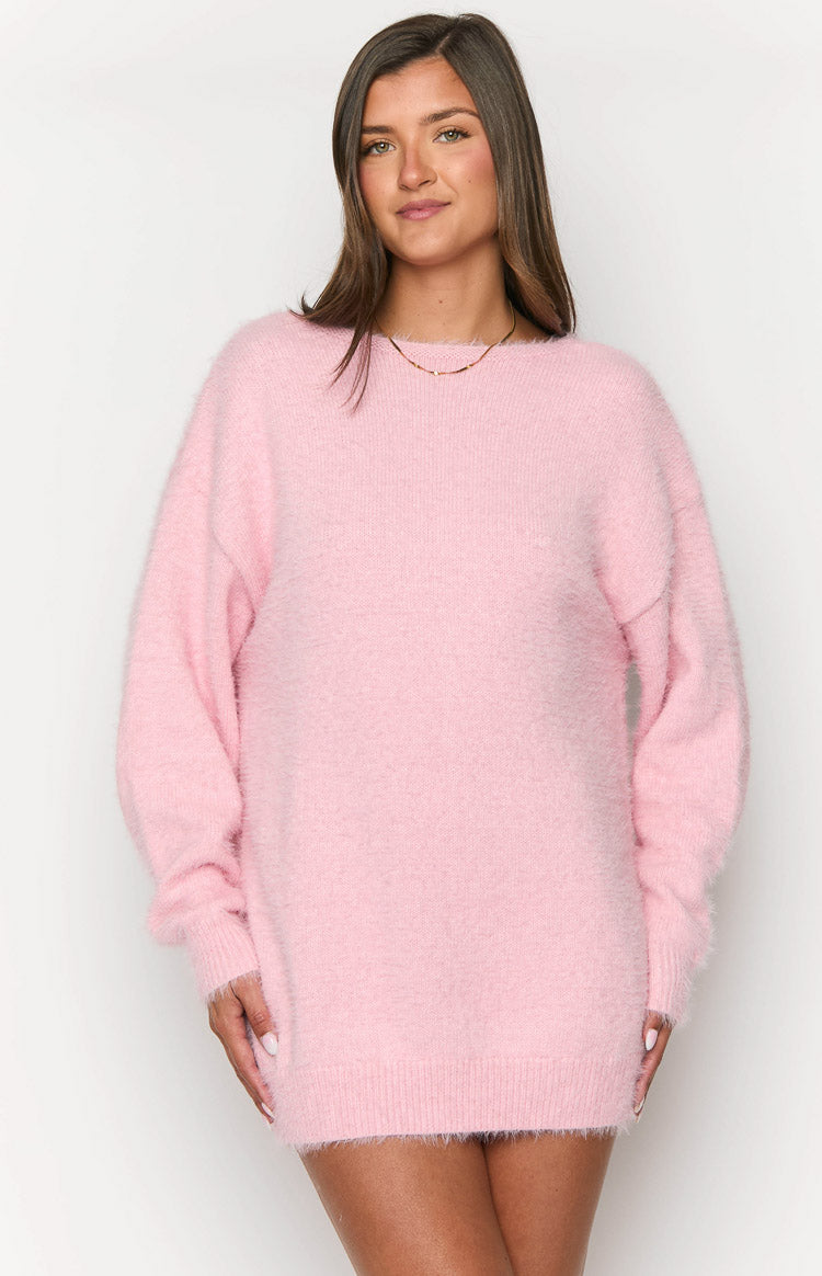 Küçük Pembe Uzun Kollu Örgü Mini Elbise