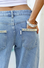 Kavira Açık Yıkama Denim Diamante Detaylı Düşük Bel Jeanler